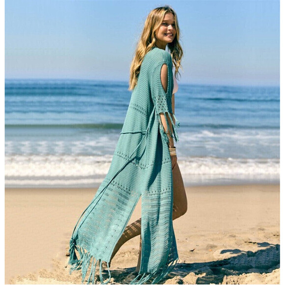 Tasseled Cardigan Swimsuit Coverup In Dusty Blue - Picture 2 of 4